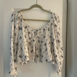 Cream and Black Ruffled Tie Front Blouse